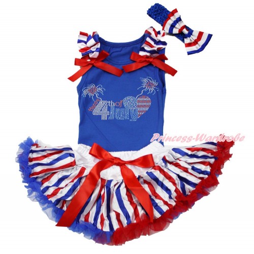 Royal Blue Baby Pettitop with Red White Royal Blue Striped Ruffles & Red Bows with Sparkle Rhinestone 4th July Patriotic American Heart & Red White Royal Blue Striped Newborn Pettiskirt & Blue Headband Red White Royal Blue Striped Bow NG1519